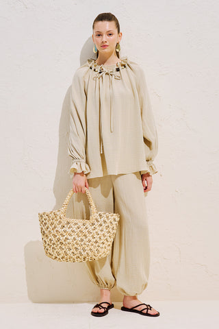 Gathered Neck Muslin Blouse Sand