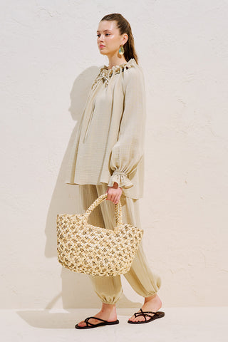 Gathered Neck Muslin Blouse Sand