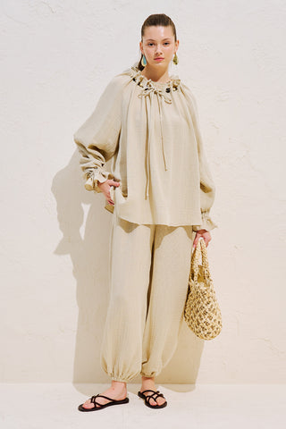 Gathered Neck Muslin Blouse Sand