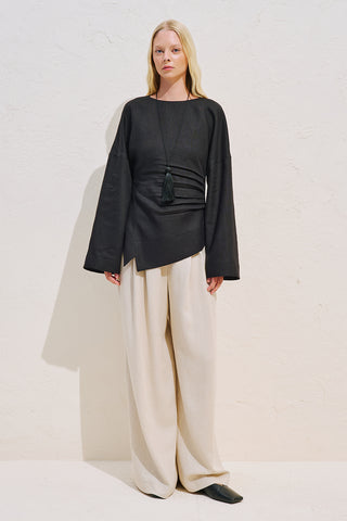 Linen Asymmetric Long Sleeve Blouse Black