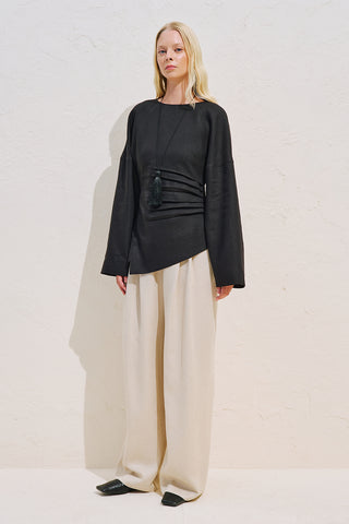 Linen Asymmetric Long Sleeve Blouse Black