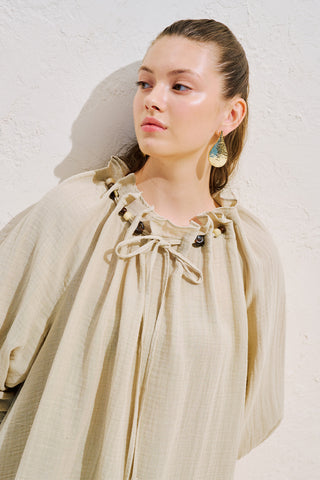 Gathered Neck Muslin Blouse Sand