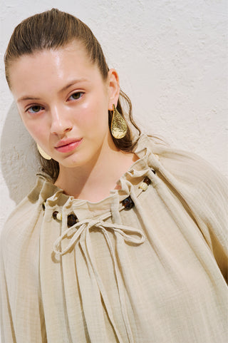 Gathered Neck Muslin Blouse Sand