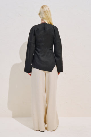 Linen Asymmetric Long Sleeve Blouse Black
