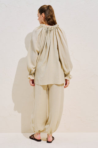 Gathered Neck Muslin Blouse Sand