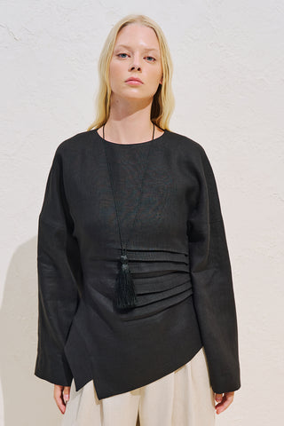 Linen Asymmetric Long Sleeve Blouse Black
