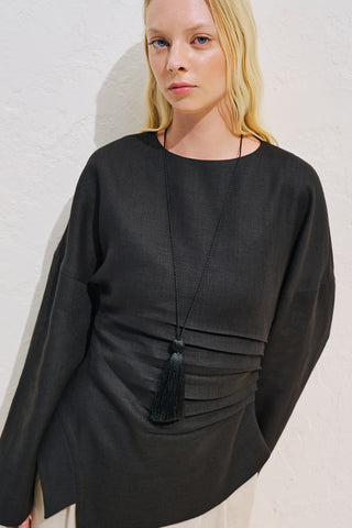 Linen Asymmetric Long Sleeve Blouse Black