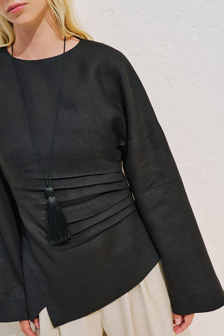 Linen Asymmetric Long Sleeve Blouse Black