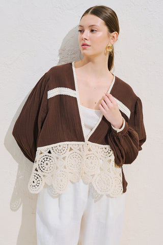 Lace Detail Muslin Blouse Dusty Brown