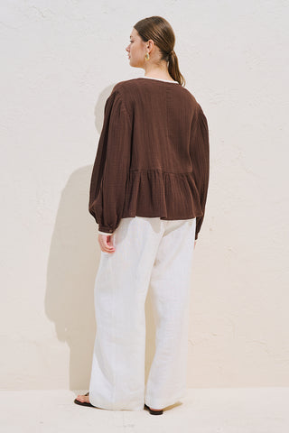 Lace Detail Muslin Blouse Dusty Brown