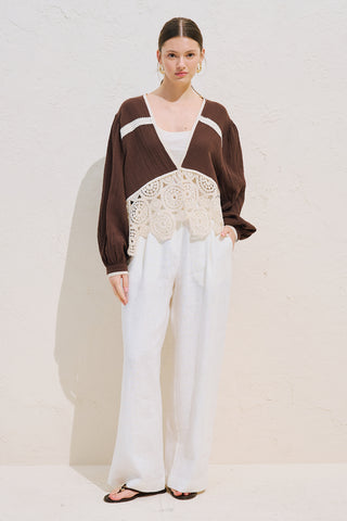 Lace Detail Muslin Blouse Dusty Brown