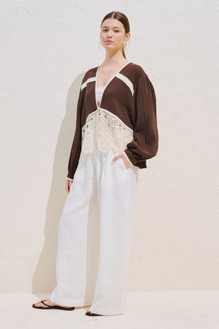 Lace Detail Muslin Blouse Dusty Brown