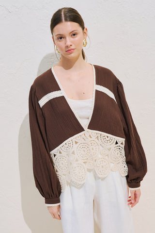 Lace Detail Muslin Blouse Dusty Brown