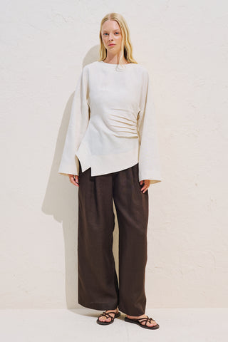 Linen Asymmetric Long Sleeve Blouse Beige