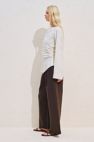 Linen Asymmetric Long Sleeve Blouse Beige