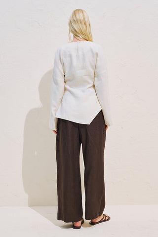 Linen Asymmetric Long Sleeve Blouse Beige