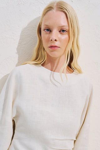 Linen Asymmetric Long Sleeve Blouse Beige