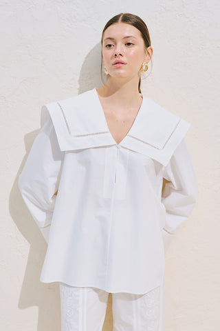 Sailor Collar Shirt With Trim Detail Ecru