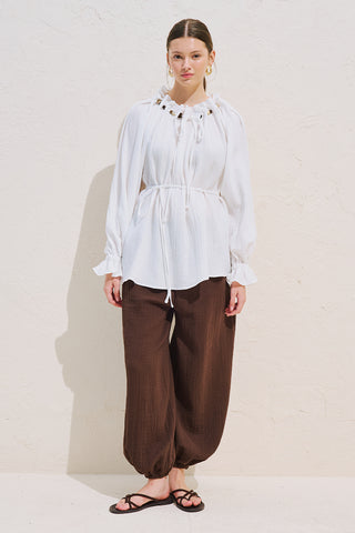 Gathered Neck Muslin Blouse White
