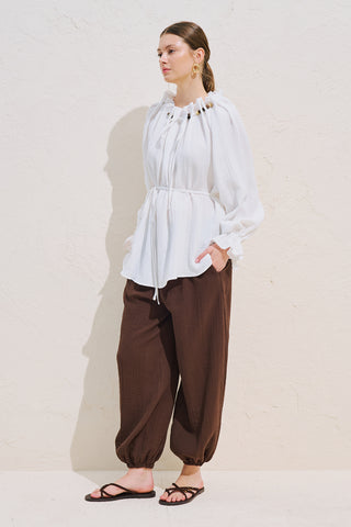 Gathered Neck Muslin Blouse White