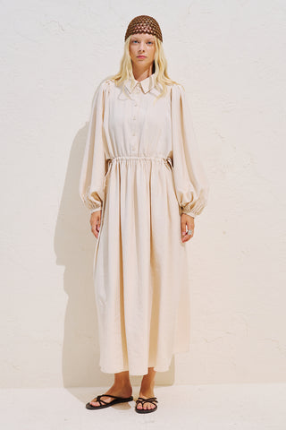 Draped Balloon Sleeve Dress With Adjustable Waist Beige – Manuka Global