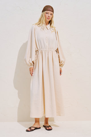 Draped Balloon Sleeve Dress With Adjustable Waist Beige