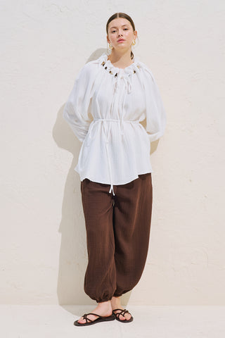 Gathered Neck Muslin Blouse White