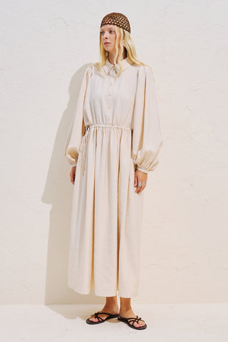 Draped Balloon Sleeve Dress With Adjustable Waist Beige