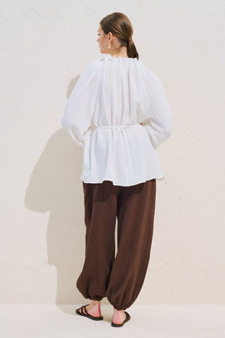 Gathered Neck Muslin Blouse White