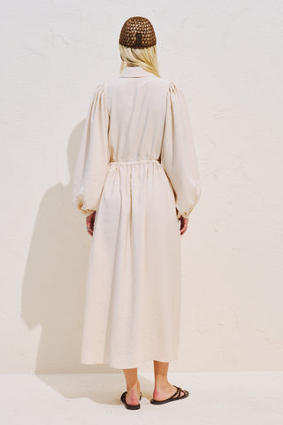 Draped Balloon Sleeve Dress With Adjustable Waist Beige