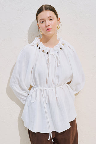 Gathered Neck Muslin Blouse White