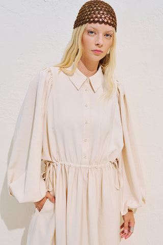 Draped Balloon Sleeve Dress With Adjustable Waist Beige