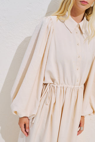 Draped Balloon Sleeve Dress With Adjustable Waist Beige