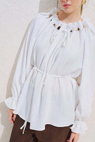 Gathered Neck Muslin Blouse White