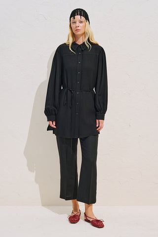 Linen Blend Long Balloon Sleeve Tunic Black