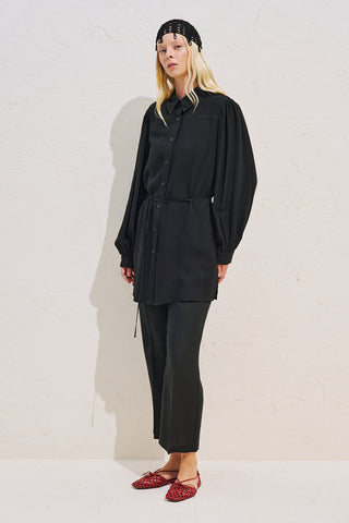 Linen Blend Long Balloon Sleeve Tunic Black