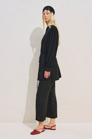 Linen Blend Long Balloon Sleeve Tunic Black