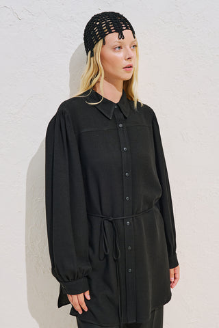 Linen Blend Long Balloon Sleeve Tunic Black