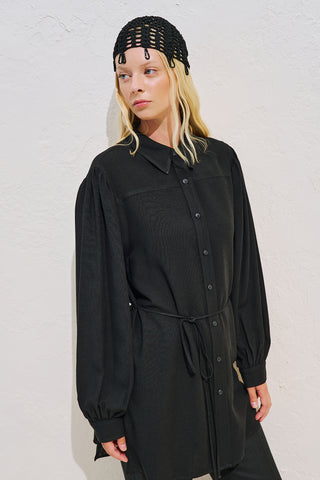 Linen Blend Long Balloon Sleeve Tunic Black