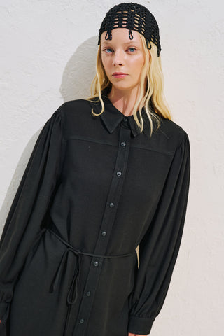 Linen Blend Long Balloon Sleeve Tunic Black
