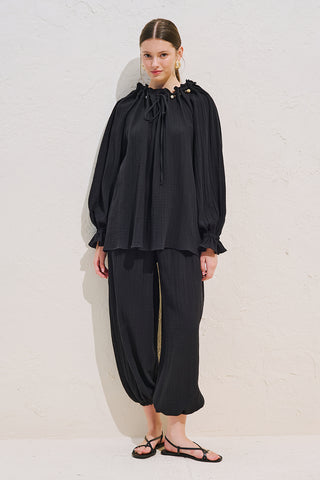 Gathered Neck Muslin Blouse Black