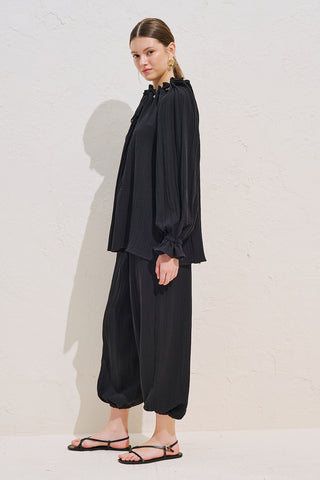 Gathered Neck Muslin Blouse Black