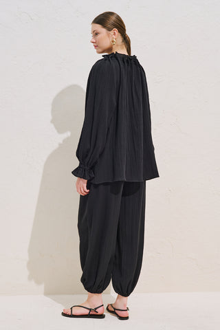 Gathered Neck Muslin Blouse Black