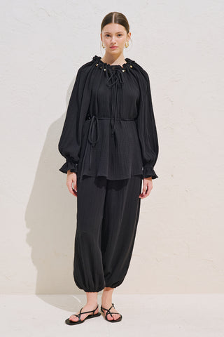 Gathered Neck Muslin Blouse Black