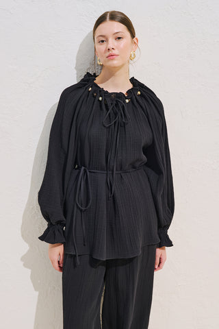 Gathered Neck Muslin Blouse Black
