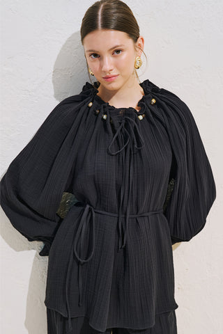 Gathered Neck Muslin Blouse Black