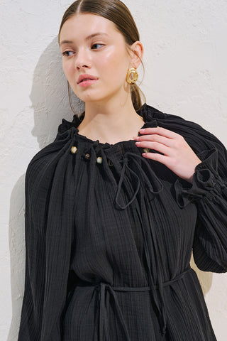 Gathered Neck Muslin Blouse Black