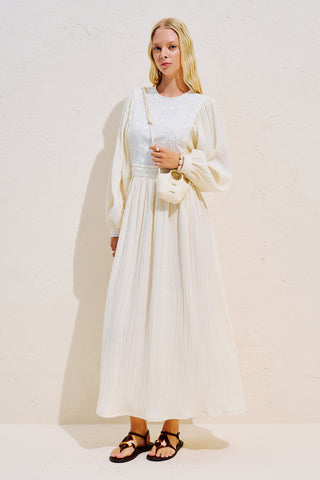 Embroidered Muslin Balloon Sleeve Dress Ecru