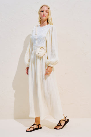 Embroidered Muslin Balloon Sleeve Dress Ecru
