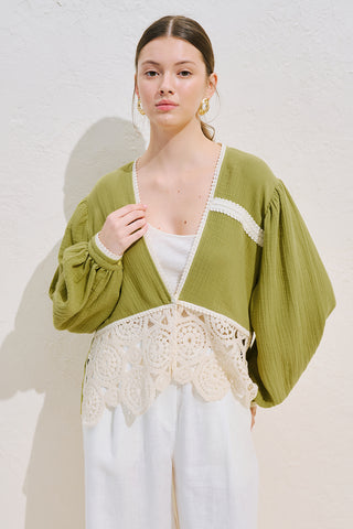 Lace Detail Muslin Blouse Green